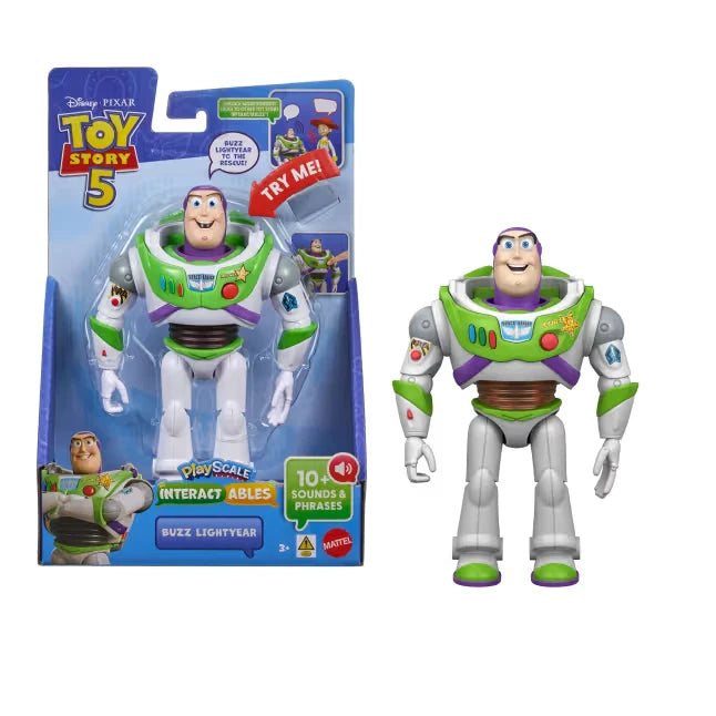 Toy Story 5 Interactables Buzz Lightyear packaging shown beside the loose Buzz Lightyear figure