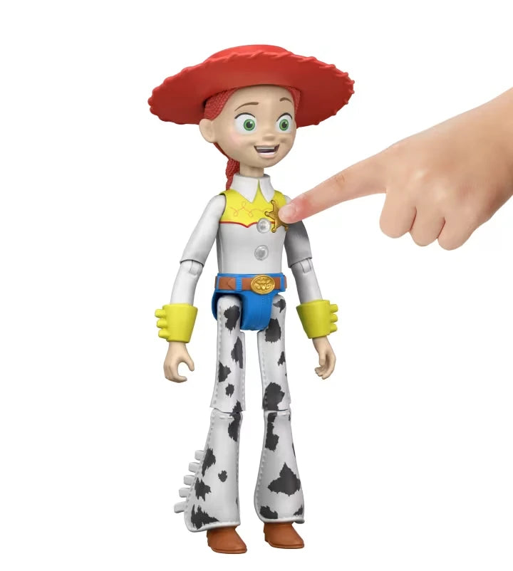 Jessie figure shown from the front with a finger pressing the yellow sheriff star button.