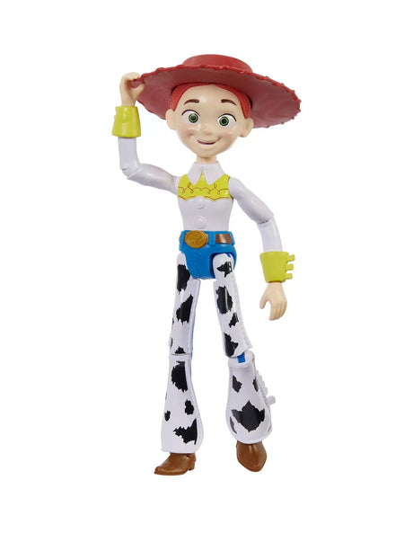 Disney Pixar Toy Story 5 Jessie figure shown from the front with red hat, yellow cuffs and cow print chaps