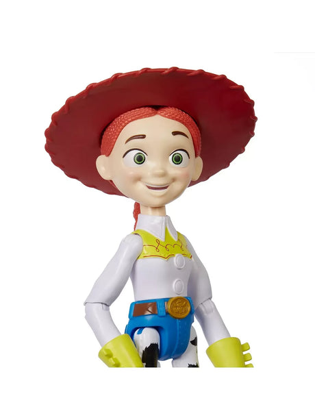 Close up of Disney Pixar Toy Story Jessie figure with red hat, yellow bow and smiling face