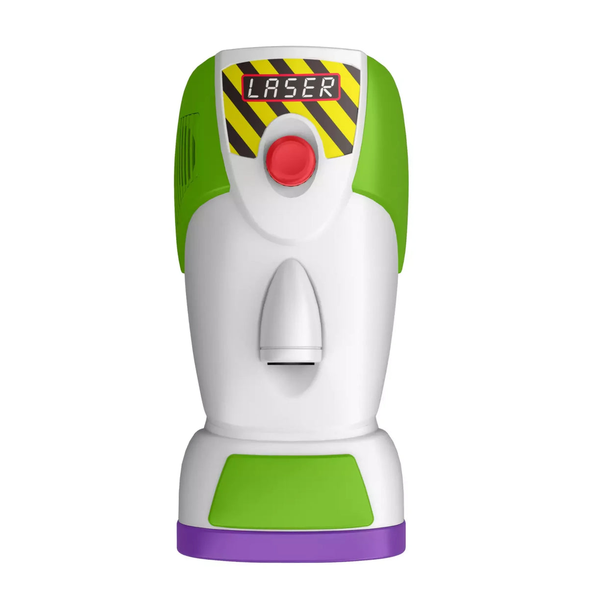 White, green and purple space ranger laser gauntlet shown upright from the front
