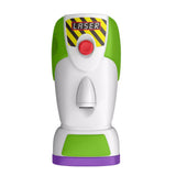 White, green and purple space ranger laser gauntlet shown upright from the front
