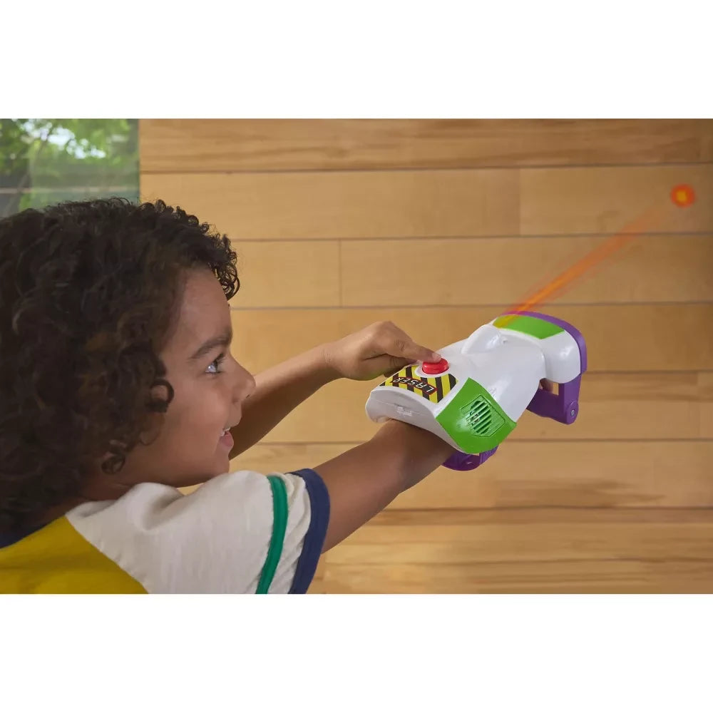 Child wearing the space ranger laser gauntlet with an orange projected beam visible