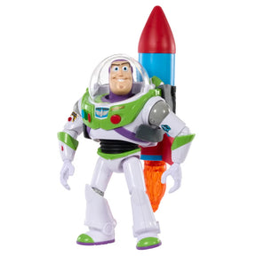 Buzz Lightyear figure shown from the front with red and blue rocket attached