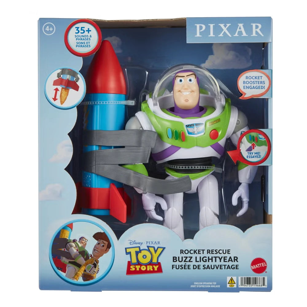 Toy Story Rocket Rescue Buzz Lightyear figure shown inside blue front packaging with rocket attached