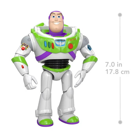 Disney Pixar Toy Story Buzz Lightyear action figure shown beside 7 inch and 17.8 cm size guide