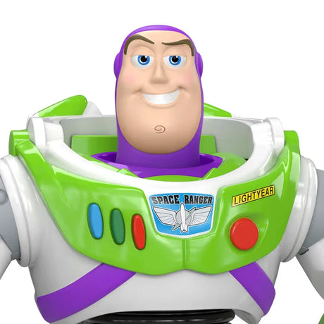 Close up of Disney Pixar Toy Story Buzz Lightyear action figure upper body and face