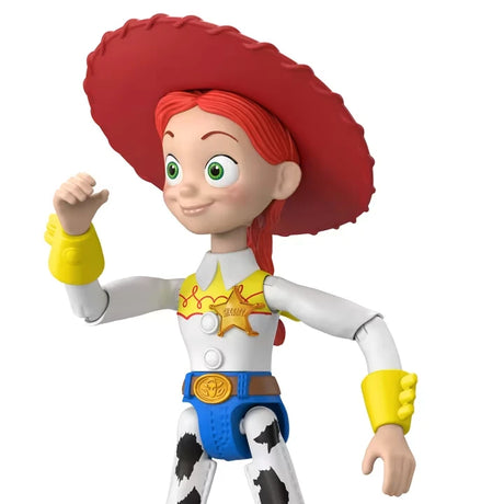 Close up of Disney Pixar Toy Story Jessie action figure with red hat and yellow cuffs