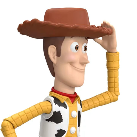Close up of Disney Pixar Toy Story Woody action figure upper body and brown hat