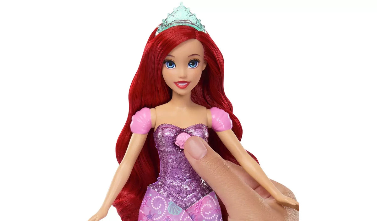 Disney Princess Ariel close view showing transformation button on sparkling purple bodice