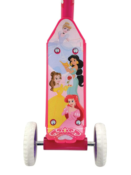 Close up of the scooter deck showing Cinderella, Belle, Ariel and Jasmine artwork on a white background