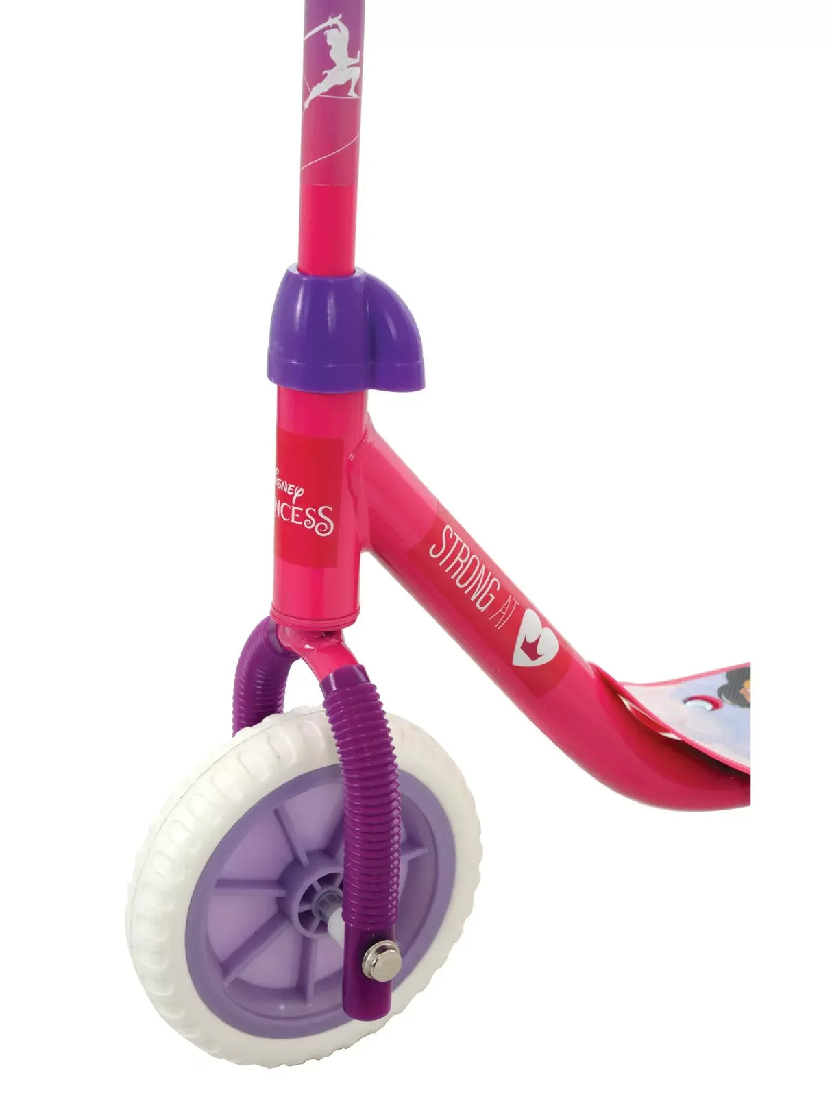 Front wheel and fork detail of the Disney Princess tri scooter with purple and white components on a white background