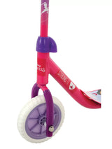 Front wheel and fork detail of the Disney Princess tri scooter with purple and white components on a white background