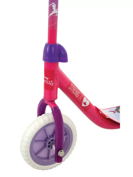 Front wheel and fork detail of the Disney Princess tri scooter with purple and white components on a white background