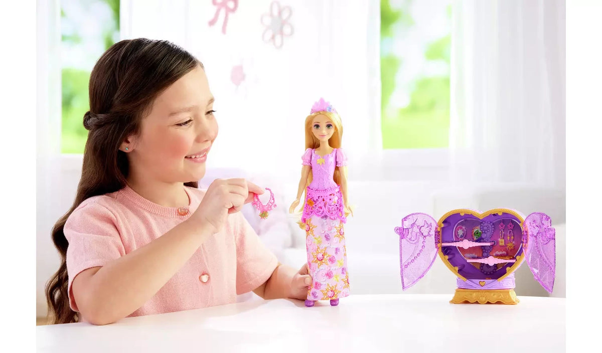 Disney Princess Jewel Reveal Rapunzel with child opening the purple heart shaped gem box and arranging accessories