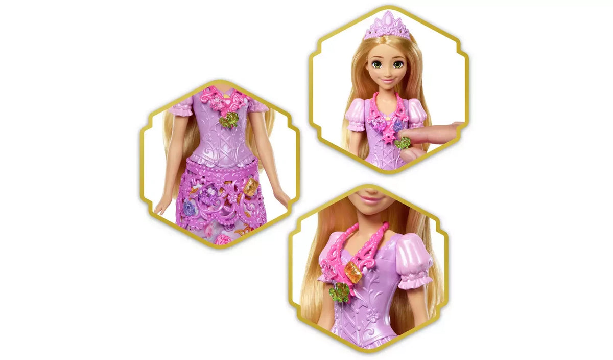 Disney Princess Jewel Reveal Rapunzel showing removable jewels on her purple skirt, necklace and tiara