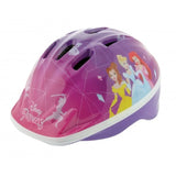 Side angled view of the Disney Princess kids safety helmet featuring princess artwork on a white background
