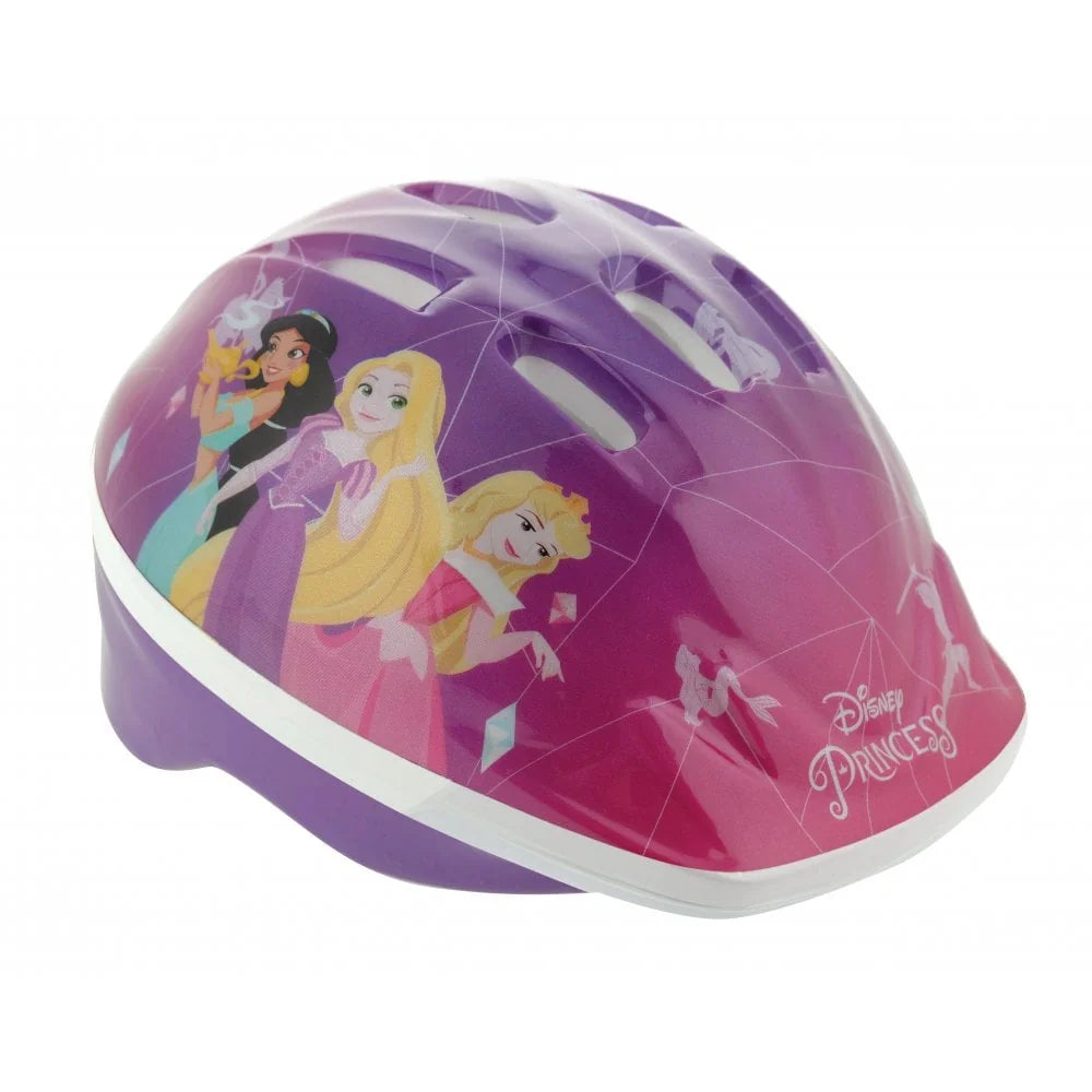 Disney Princess kids safety helmet in pink and purple shown at a front angled view on a white background