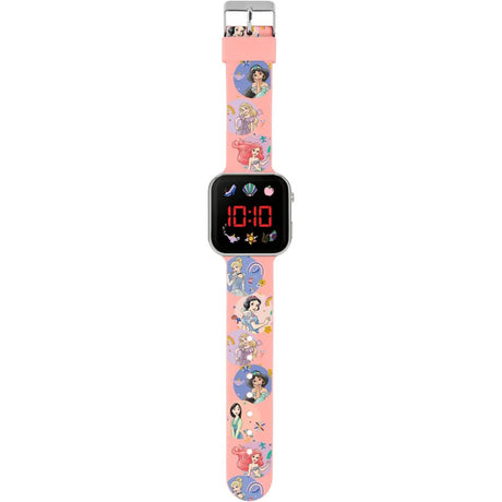 Disney Princess LED watch with silver casing, red digital display and pink strap featuring beloved princesses in Ireland.