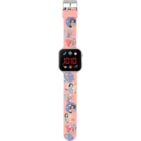 Full view of Disney Princess LED watch showing pink strap with Cinderella, Ariel, and Belle character prints in Ireland.