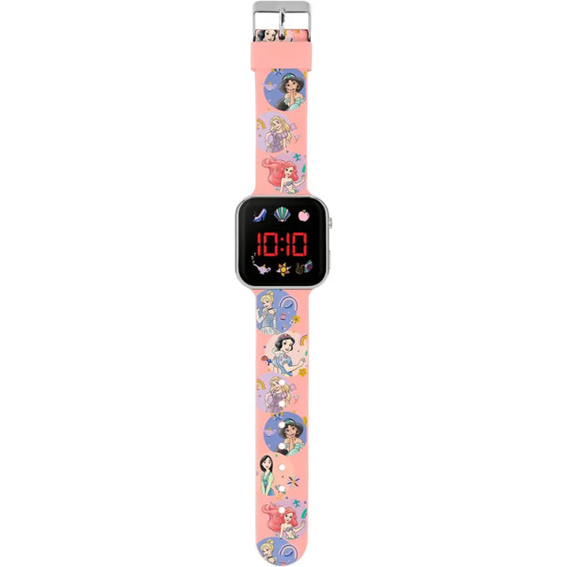 Full view of Disney Princess LED watch showing pink strap with Cinderella, Ariel, and Belle character prints in Ireland.