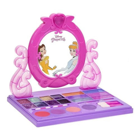 Disney Princess Light Up Cosmetic Vanity Set angled open view with mirror, makeup palette and brushes