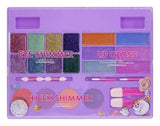 Disney Princess cosmetic vanity set shown open flat with eye shimmer, lip gloss, cheek shimmer and brushes