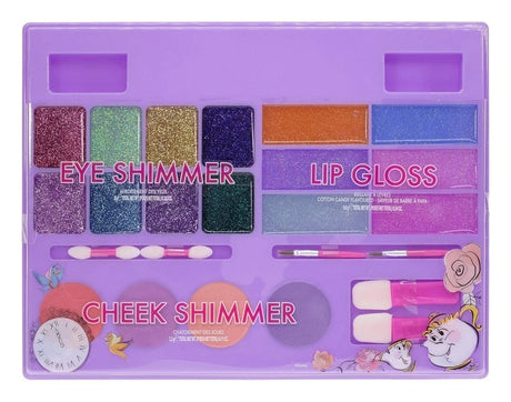 Disney Princess cosmetic vanity set shown open flat with eye shimmer, lip gloss, cheek shimmer and brushes