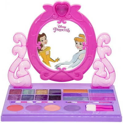 Disney Princess Light Up Cosmetic Vanity Set open front view with mirror, lip glosses, shimmers and brushes