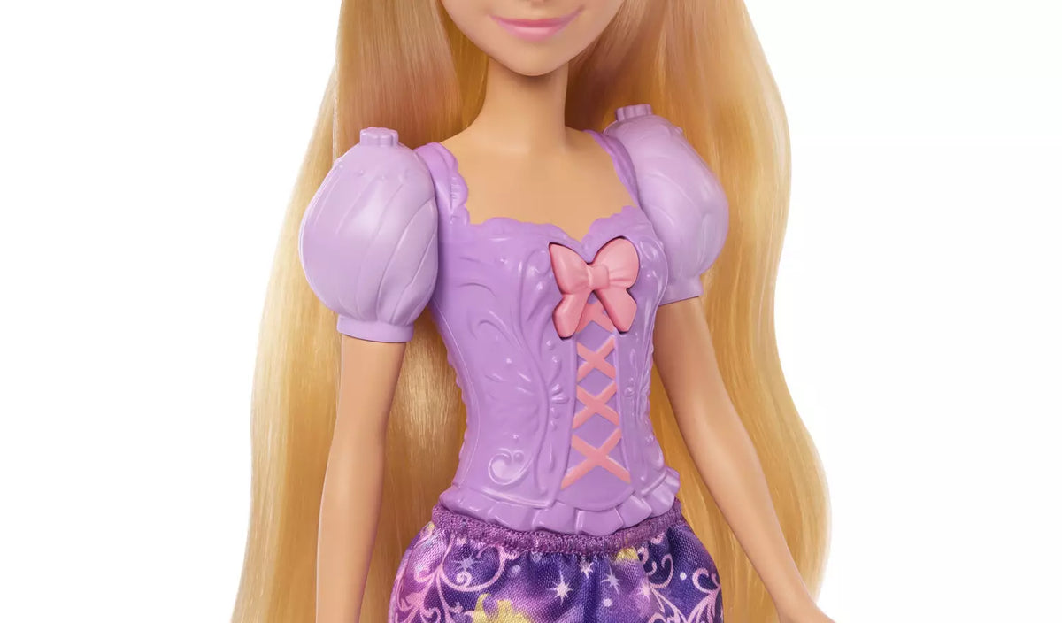 Disney Princess Magical Hair Rapunzel Fashion Doll close view showing her purple dress and long golden hair