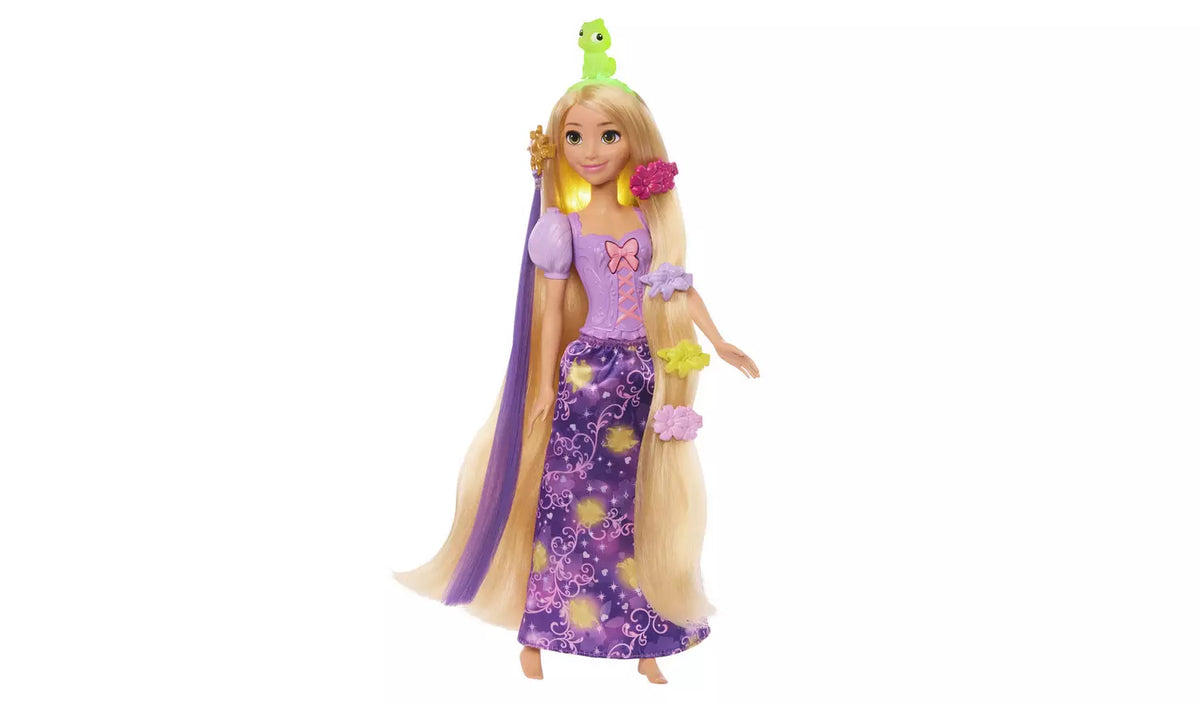 Disney Princess Magical Hair Rapunzel Fashion Doll with Pascal on her head and clips in her hair