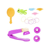 Rapunzel styling accessories with gold hairbrush, Pascal figure, hair clips, hair bands, purple styling tool and two design attachments