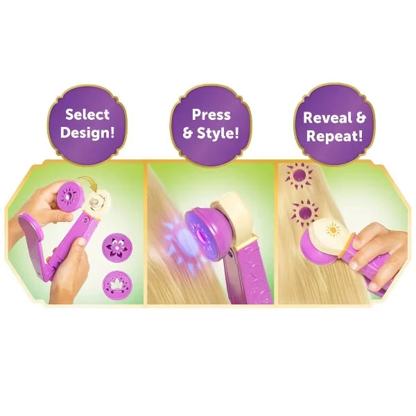Three-step image showing design attachment selection, styling tool pressed onto hair and revealed hair patterns