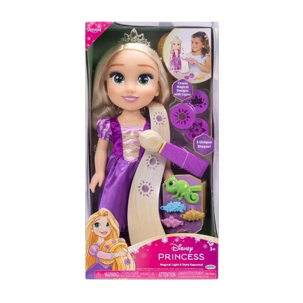 Disney Princess Magical Light & Style Rapunzel doll in window box packaging with styling tool and accessories visible