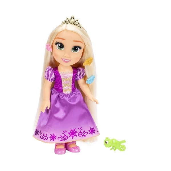 Rapunzel doll with coloured clips in her long blonde hair and Pascal figure beside her