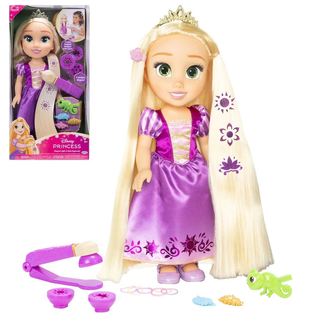 Disney Princess Magical Light & Style Rapunzel with retail packaging, styling tool, Pascal figure, hair accessories and patterned hair