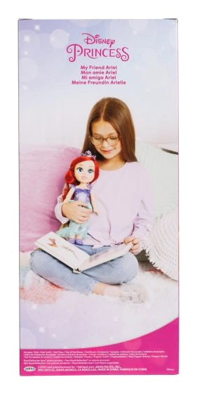 Back of Disney Princess My Friend Ariel Doll packaging showing the doll with a child reading