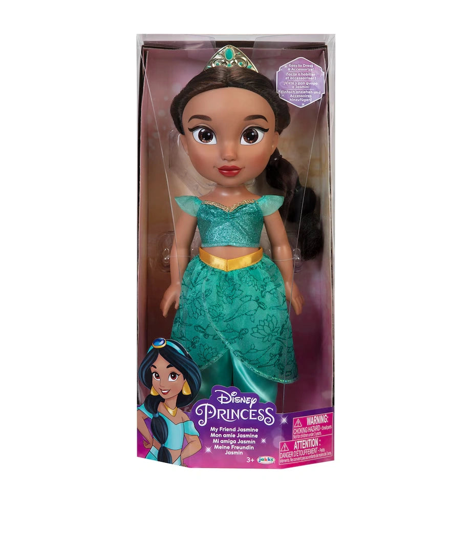 Disney Princess My Friend Jasmine Doll in front view packaging wearing a turquoise outfit and tiara