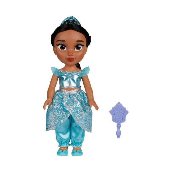 Disney Princess My Friend Jasmine Doll wearing a turquoise outfit with a purple hand mirror beside her