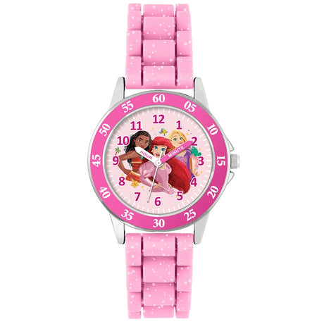 Disney Princess Pink Time Teacher Watch close-up showing princess dial artwork, easy read numbers, labelled hands and numbered minute bezel 