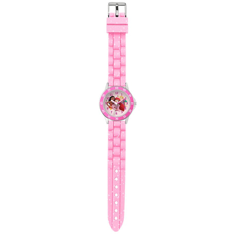 Disney Princess Pink Time Teacher Watch full strap view with pink buckle strap, numbered minute bezel and princess dial artwork