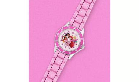 Disney Princess Pink Time Teacher Watch shown on a pink background with princess dial, numbered minute bezel and pink strap