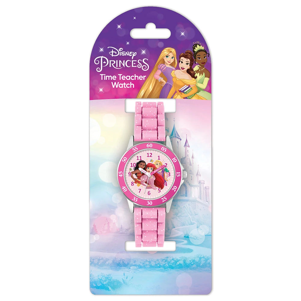 Disney Princess Pink Time Teacher Watch displayed on branded Disney Princess Time Teacher Watch packaging