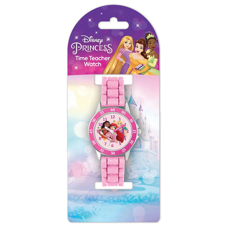 Disney Princess Pink Time Teacher Watch displayed on branded Disney Princess Time Teacher Watch packaging