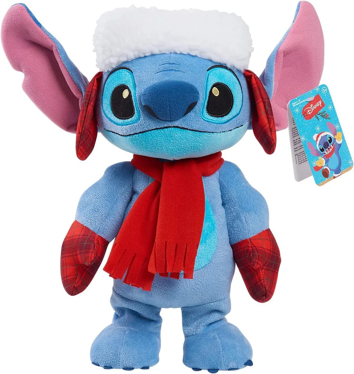 Disney Stitch Festive Musical Plush front view with red scarf and hat Ireland