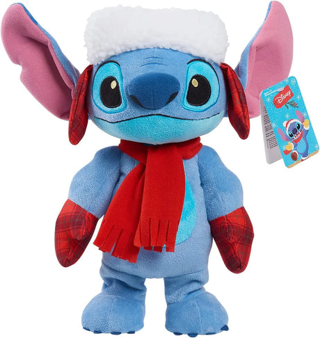 Disney Stitch Festive Musical Plush front view with red scarf and hat Ireland