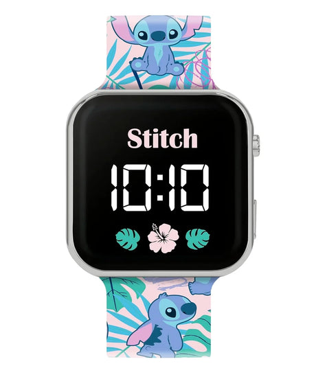 Close-up of Stitch LED watch face showing digital time and tropical design in Ireland.
