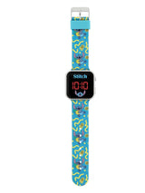 Disney Stitch LED watch with silver casing, red digital display and blue strap decorated with playful Stitch and pineapples in Ireland.