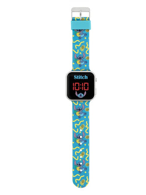 Disney Stitch LED watch with silver casing, red digital display and blue strap decorated with playful Stitch and pineapples in Ireland.
