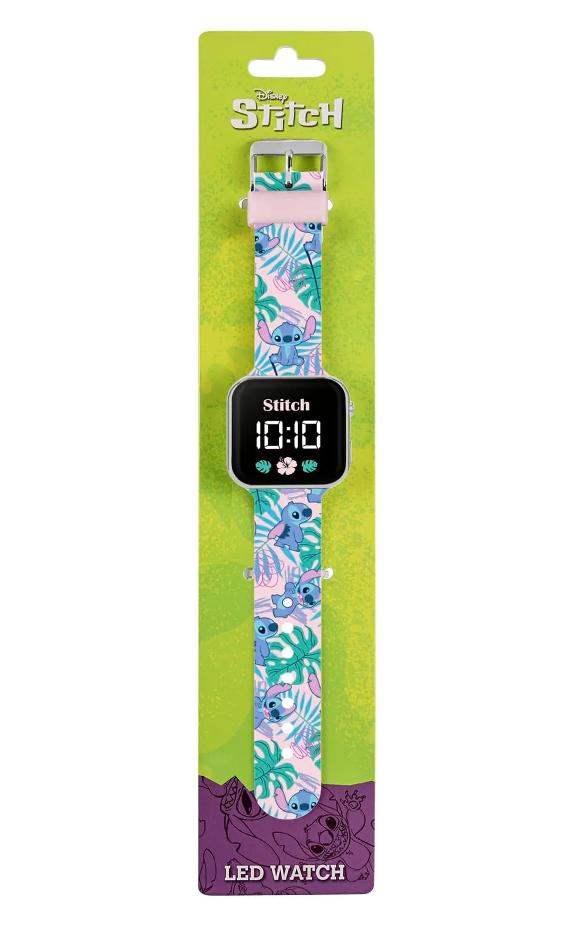 Disney Stitch LED watch in green and purple branded packaging in Ireland.